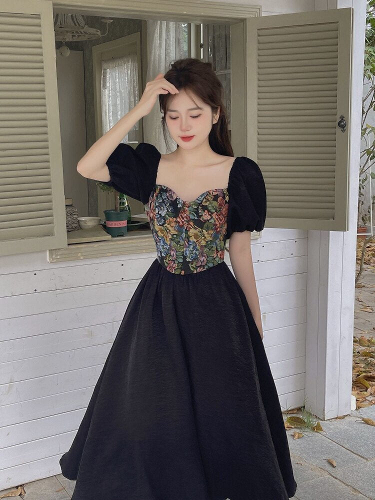 Flower Print Retro Elegant Dress Women Puff Sleeve French Vintage Midi Dress Female Patchwork Designer Princess Sweet Dress 2023