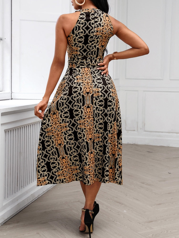 Hoobd Women Fashion Clubwear Elegant Sexy Dress Club  Sleeveless Baroque Print Sleeveless Midi Dress