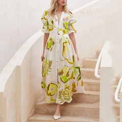 Dresses For Women 2023 Summer Sexy Print Long Maxi Dress Ladies Elegant Button Up Boho Floral Ruffles Pink Robe Vestidos