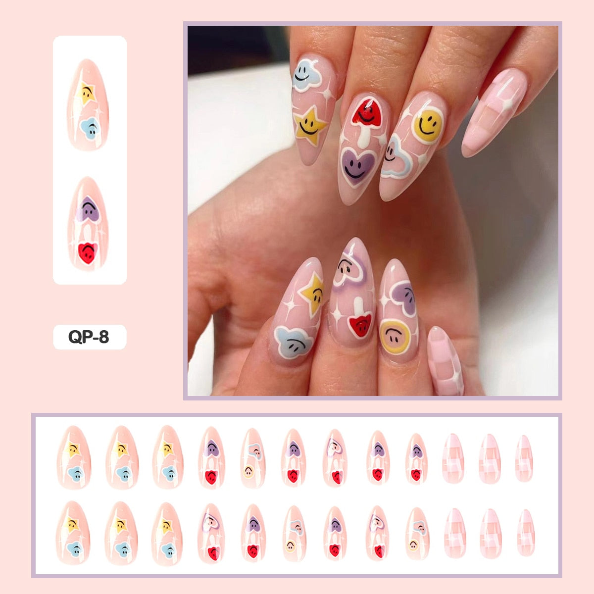 24pcs Girlish Colorful Graffiti Nail Art Fake Nails With Plants Flowers Patterns Short Press on False Nails With Wearing Tools