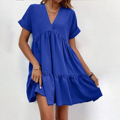 Casual Women Short Sleeve Mini Dress 2023 Spring Summer V-neck Loose Dresses Cute Solid Big Hem Beach Dress Robe De Plage