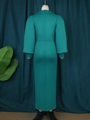 Hoobd Party Dresses For Women Outfits Elegant Long Dresses Fall Winter Women Notched Neck Puff Sleeve Buttons Slit Slim Dress Office Party Club Events Wear 4XL