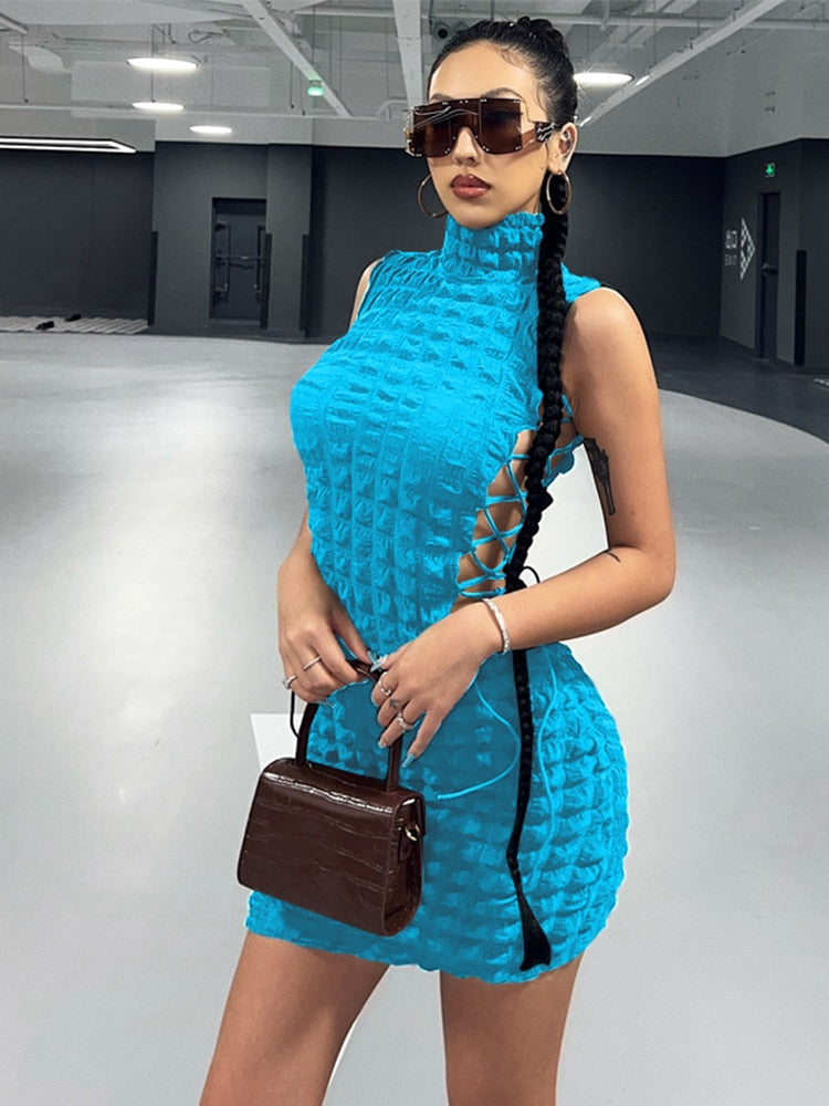 Hoobd Cut Out Long Sleeve Dress Women Y2K Mini Bodycon Bandage White Dress Fall Winter Stunning Stacked Streetwear Turtleneck Dress
