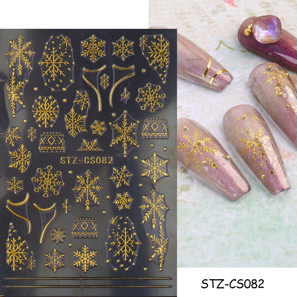 Christmas Nail Sticker 3D Reflective Shiny Glitter Gold Silver Snowflake Elk Bells Decal Slider For Manicure Decoration NLLS-J24