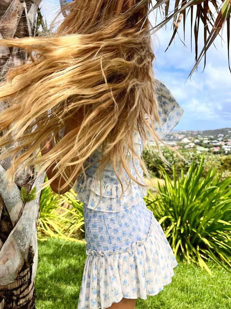 Hoobd Blue floral print dress women smocked sexy women party dress ruffled sleeve summer dress women sweat ladies dress