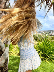 Hoobd Blue floral print dress women smocked sexy women party dress ruffled sleeve summer dress women sweat ladies dress