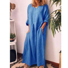 New Solid Color Loose Pockets Robe Women's Cotton Linen Solid Color Fashion Round Neck 7-Point Sleeve Casual Ladies Dress