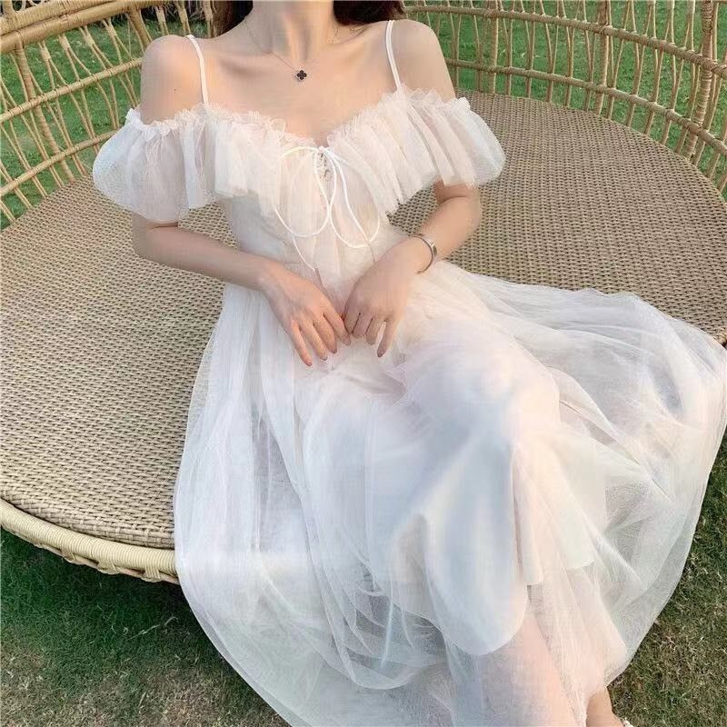 Women Sexy Mesh V Neck Lace Up Sweet Kawaii Japanese Fairy Party Elegant Dresses Summer Fashion Ruffle White Short Sleeve Dress
