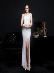 Elegant One Shoulder Slit Gold Sequin Evening Dress 2023 Women Beads Party Maxi Dress