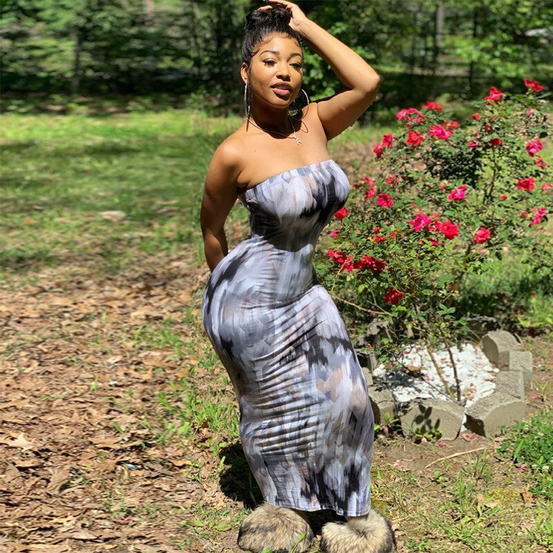 Hoobd Sexy Print Maxi Dresses Ladies Elegant Bodycon Women Dress Vintage Robe Femme Party Bandage Long Dress Woman Clothes Vestidos