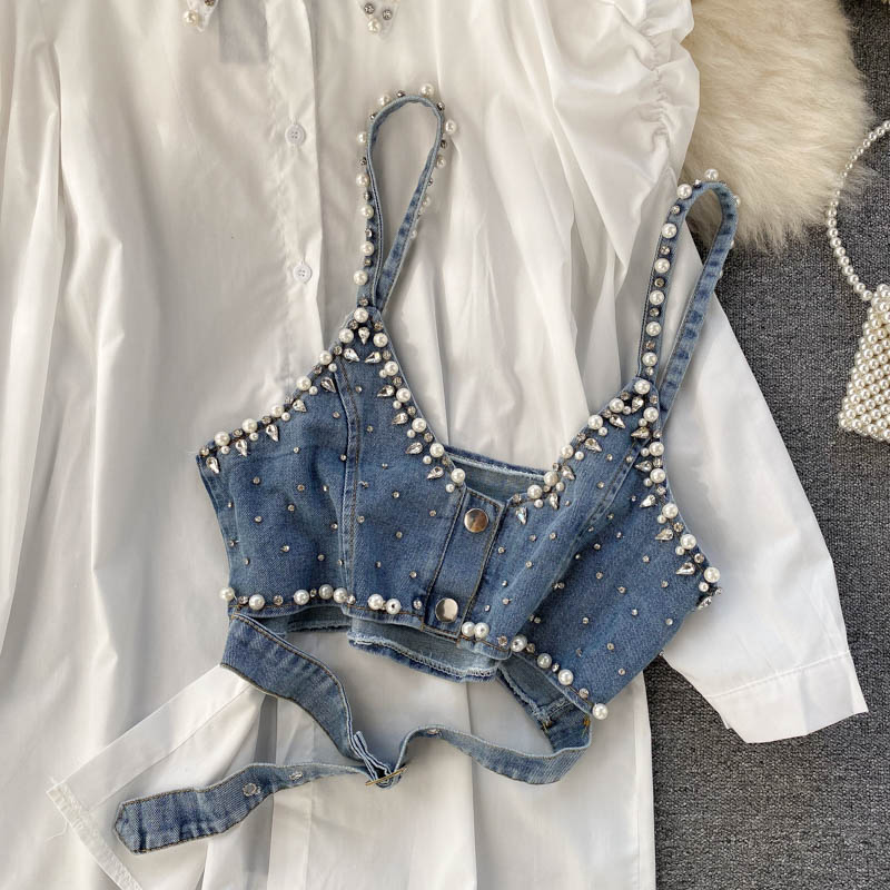 2023 New High-End White Shirt Dress Female Lapel Diamond Pearl Luxury Shirt Short Denim Vest Chic Two Piece Sets Female Fashion