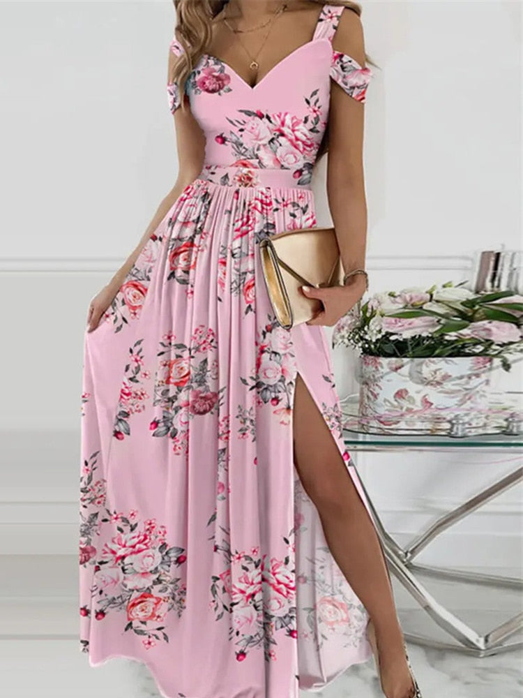 New Summer Elegant Sleeveless Dress Fashion V-Neck Slim Pleated Long Dress Sexy Ladies Off Shoulder Print Wrap Party Dress