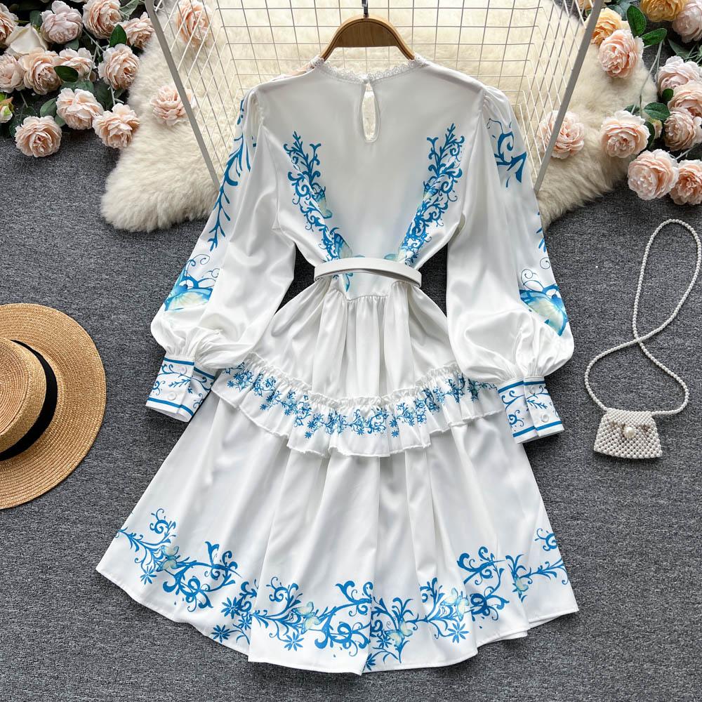 2023 New Fashion Ruffles Sleeve Lace Hollow Out Summer Dress Women's Print High Waist Runway Dress Vestidos Da Festa