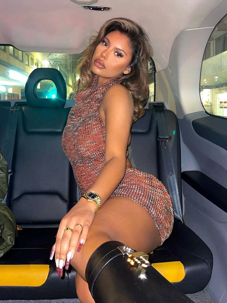 Hoobd Halter Sexy Dress Stripe Printed Bodycon Dress Summer Sleevless Mini Dress Club Female Outfit Streetwear Backless Dress