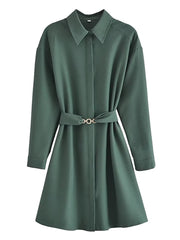 New Women Army Green With Belt Shirt Dress Long Sleeve Lapel Collar Female Autumn Dress Short Vestido