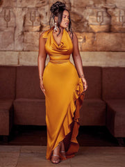 Hoobd Slip Bodycon Dresses for Women Lace Up Backless Ruched Neck Thigh Slit Ruffled X Shape Cocktail Party Night Club Gowns 2023 New