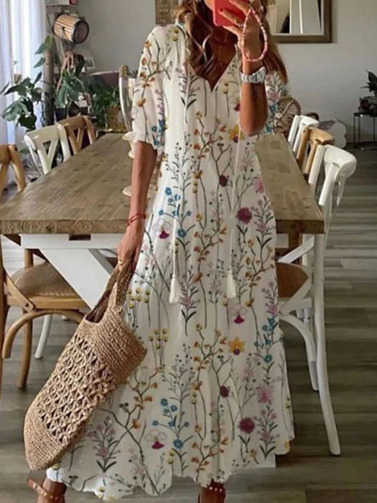 Hoobd Summer Fashion Floral Print Holiday Long Dress Casual Loose Drawstring Half Sleeve Dress Women V Neck Chic Ruffled Boho Dresses