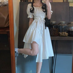 Women&#39;s White Dress Summer Elegant Vintage Kawaii Puff Sleeve Midi Dress Square Collar Bandage Sundress Goth Outfits