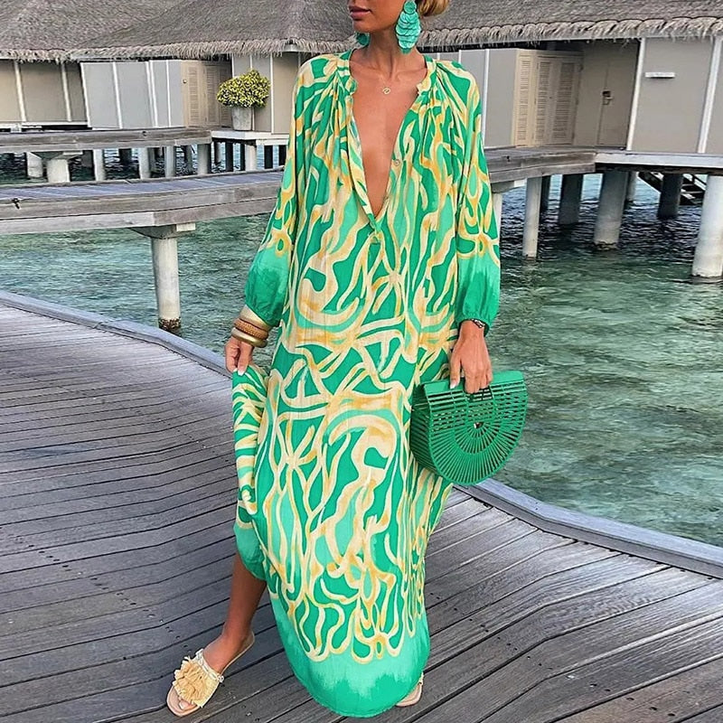 Hoobd Women Elegant V Neck Loose Party Dress Lady Retro Printing Long Sleeve Holiday Dress Autumn Casual Femme Dress Streetwear