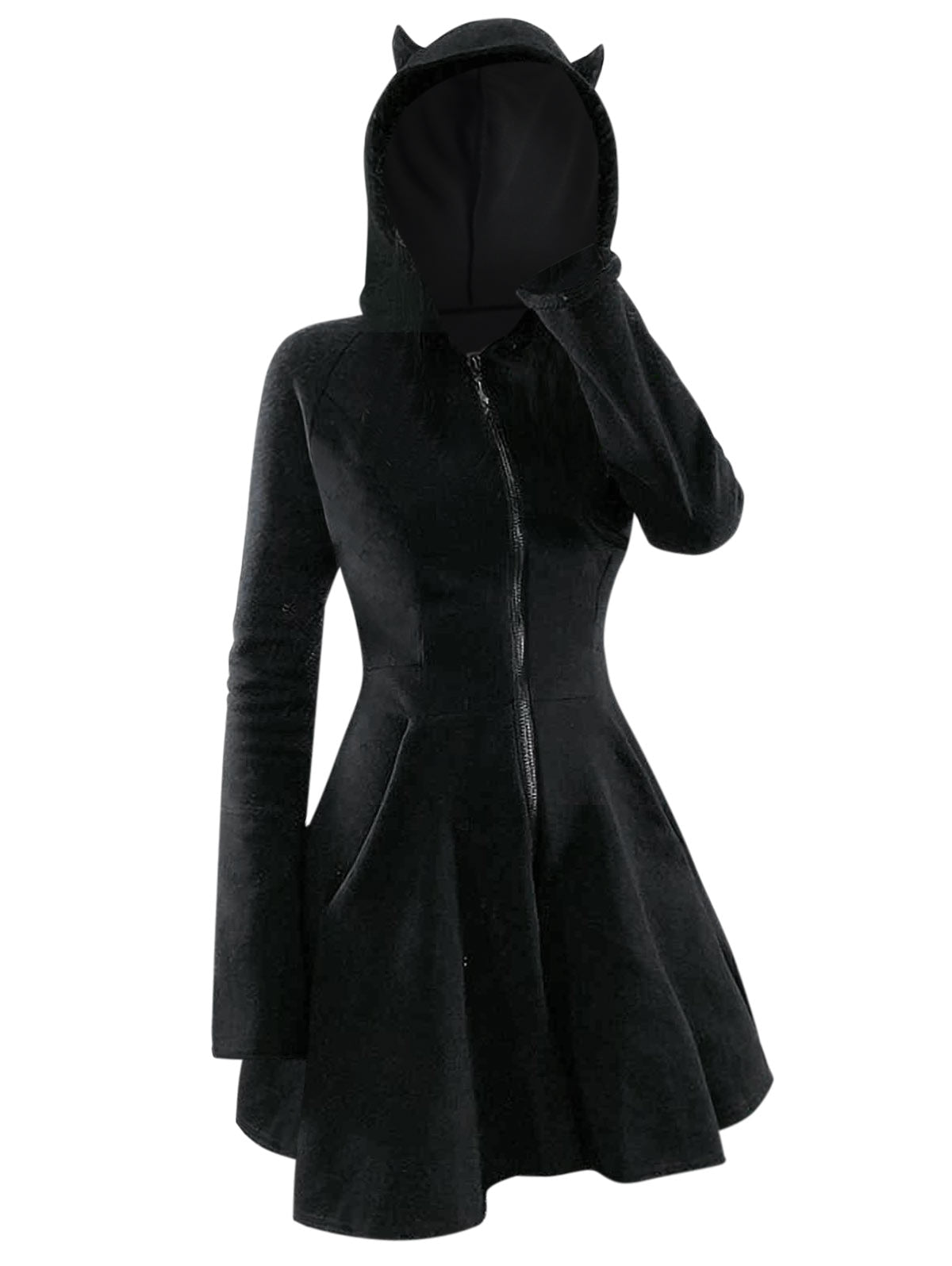Hoobd Animal Hooded Zip Up Velour Dress A Line Mini Solid Color Long Sleeve Coat Robe For Women Fall WInter