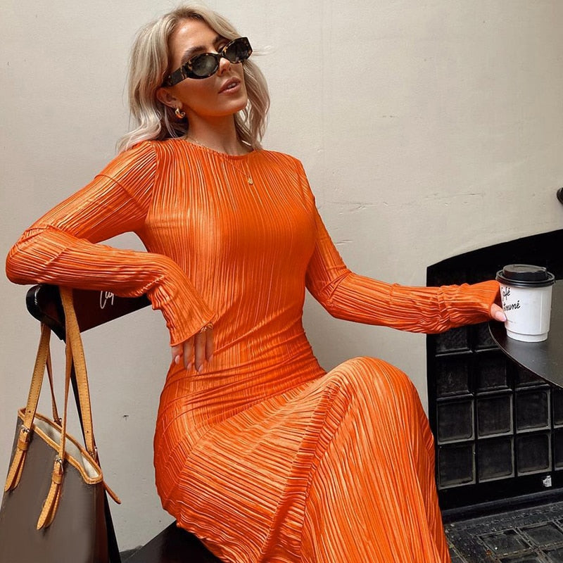 Hoobd Women Fashion Long Sleeve Streetwear Bodycon Orange Midi Dress Autumn Clothes Wholesale Items For Business