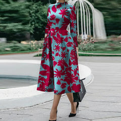 Elegant O Neck Office Midi Dress Fashion Colorful Print Waist Slim Party Dress Women Casual Long Sleeve Pocket Hem Boho Dresses