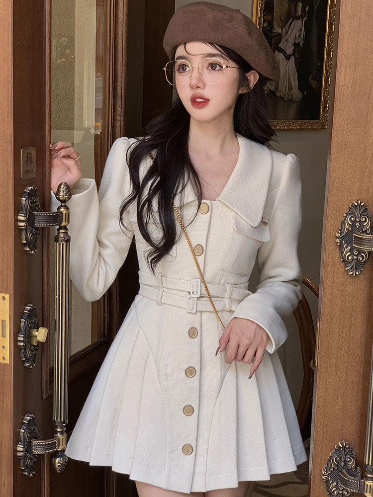 Hoobd France Vintage Party Mini Dresses Women Korean Style Elegant Pleated Dress Female Warm Sweet Retro Dress Coat Autumn Winter
