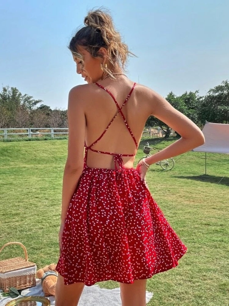 Print Summer Dress Confetti Heart Print Crisscross Tie Backless Cami D Hoobd Print Summer Dress Confetti Heart Print Crisscross Tie Backless Cami D Hoobd