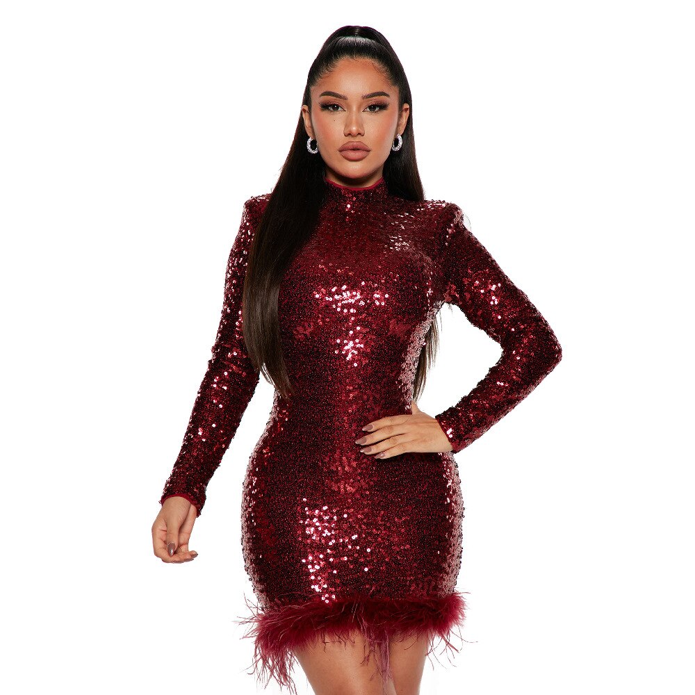 Fashion Sexy Bodycon Birthday Party Dress for Women 2023 Spring Long Sleeve Feather Sequins Short Evening Dresses Black Red