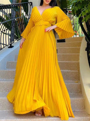 Hoobd Sexy V-Neck Pleated Dinner Party Dress Women Yellow Elegant  with Belt Long Sleeve Robe Femme African Maxi Red Vestido