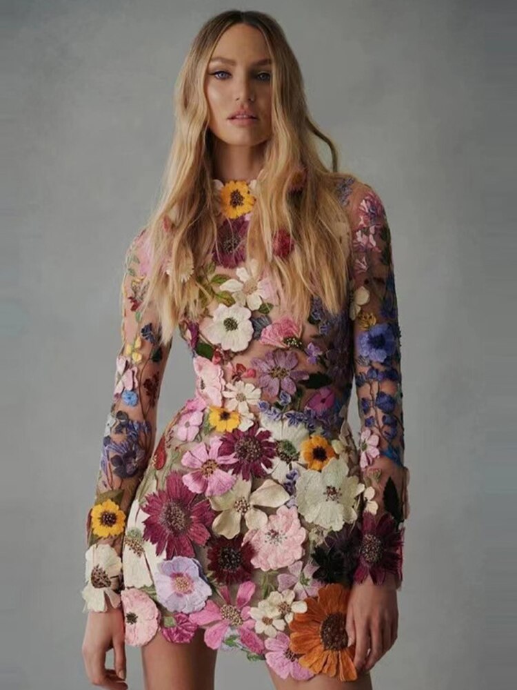 Hoobd Flower Print Embroidery Mini Dress Women Half High Collar Long Sleeve Hip Package Dresses Female Autumn Elegant Lady Vestidos