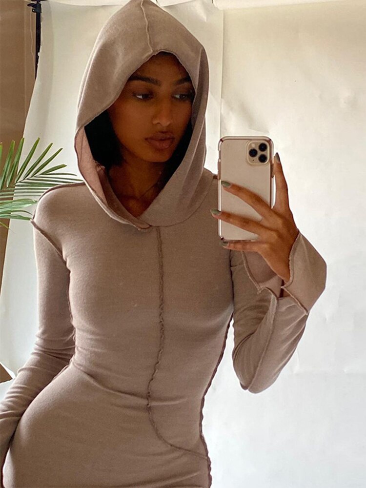 Long Sleeve Hooded Dress Maxi Women Vintage Ruffles Elegant Dresses Khaki Split Reverse Side