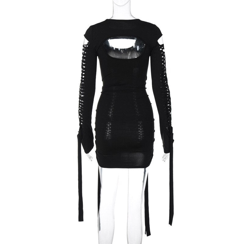 Women's Sexy Hollow Out Long Sleeve Bandage Package Hip Short Dress Night Club Streetwear Cut Out Backless 2 Pieces Dress Sets