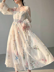 French Elegant Floral Dress Office Lady Long Sleeve Beacht Style Even Party Midi Dress Women 2023 Summer Casual Vintage Dress