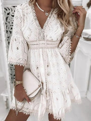 Elegant Lace Mini Dress Women Three Quarter Sleeve Dress Female V Neck Patchwork Lace Up Dress Ladies Vacation Beach Dress