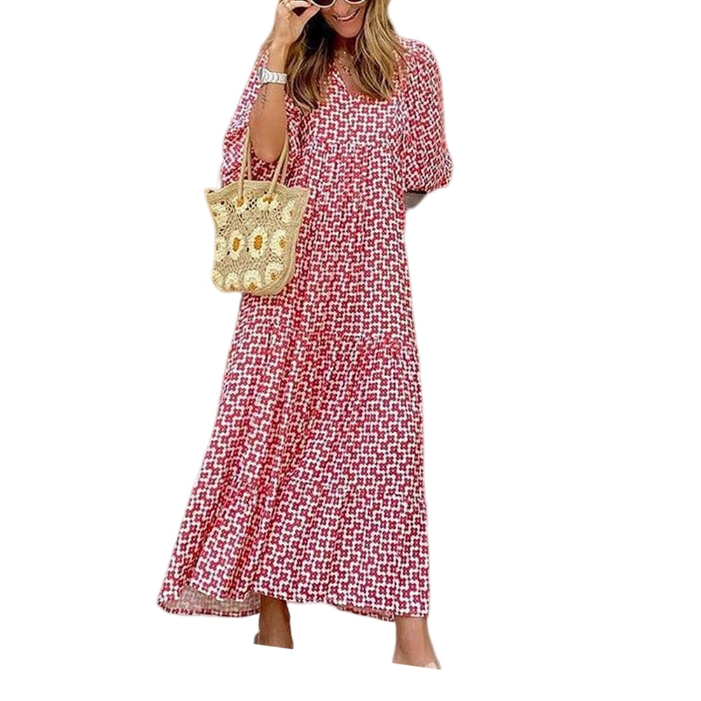 Women Vintage Bohemian Printing Beach Dress Fashion Bubble Sleeves V-Neck Long Dress Spring Summer Female Casual Loose Dresses