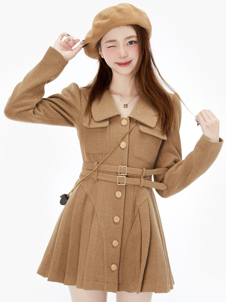 Hoobd France Vintage Party Mini Dresses Women Korean Style Elegant Pleated Dress Female Warm Sweet Retro Dress Coat Autumn Winter
