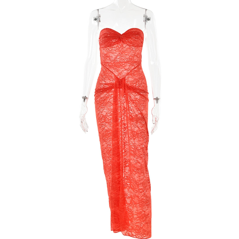 Women Strapless Backless Sexy Dress Lace Hollow Out Ruched Off Shoulder Midi Dress Ladies Chic Slim Outfits 2023