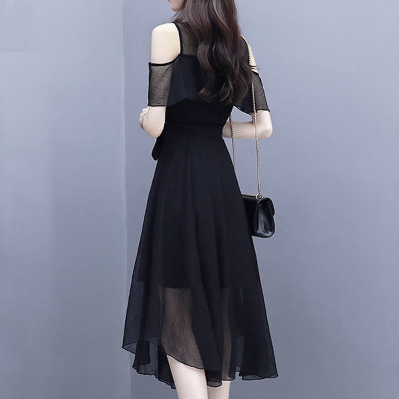 Hoobd Elegant Fashion V-neck Zipper Off Shoulder Short Sleeve A-LINE Dress Summer Black Solid Color Chiffon Empire Women&#39;s Clothing
