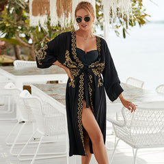 Hoobd2023 Embroidered Beach Cover Ups Black Oversized Vacation Bikini Cover Ups Bathing Suit Swimwears Boho Rayon Long Beach Dress