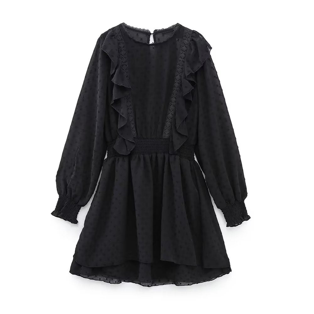New Spring Women Ruffled Dotted Black  Dress Long Sleeve Elastic Waist Female Vintage Dresses Short Vestidos