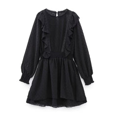 New Spring Women Ruffled Dotted Black  Dress Long Sleeve Elastic Waist Female Vintage Dresses Short Vestidos