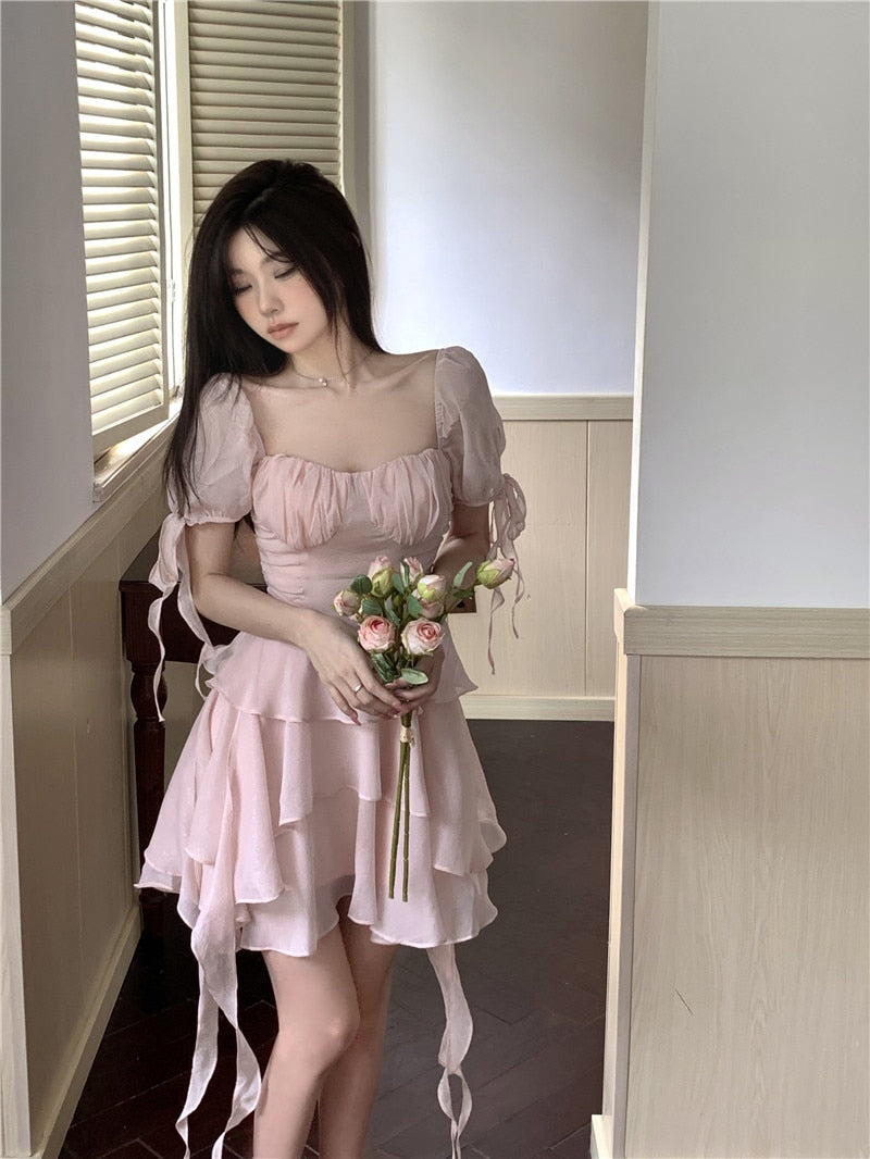 Hoobd Pink Kawaii France Style Short Dress Women Elegant Evening Party Midi Dresses Cute Sweet Puff  Sleeve Clothing 2023