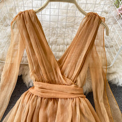 Autumn Khaki/White Bandage Chiffon Long Dress Sexy Deep V-Neck Sleeveless High Waist Vestidos Vacation Beach Maxi Robe 2023 New