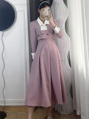 High Quality French Vintage 2 Piece Set Women Long Sleeve Crop Top + Long Skirt Suits Korean Elegant Temperament Two Piece Sets
