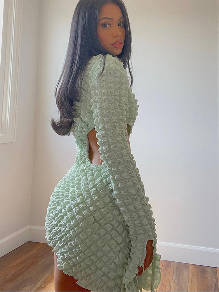 Hoobd Cut Out Long Sleeve Dress Women Y2K Mini Bodycon Bandage White Dress Fall Winter Stunning Stacked Streetwear Turtleneck Dress