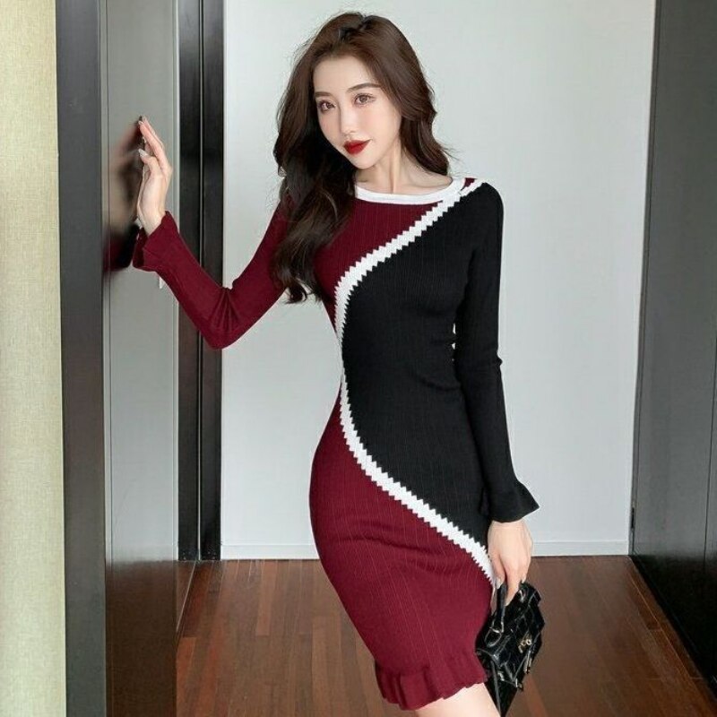 Hoobd Korean Elegant Womens Libertin Sweater One-piece Dress for Party Fashion Sexy Night Club Evening Knit Dresses Woman Bodycon Wrap