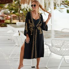 Hoobd2023 Embroidered Beach Cover Ups Black Oversized Vacation Bikini Cover Ups Bathing Suit Swimwears Boho Rayon Long Beach Dress