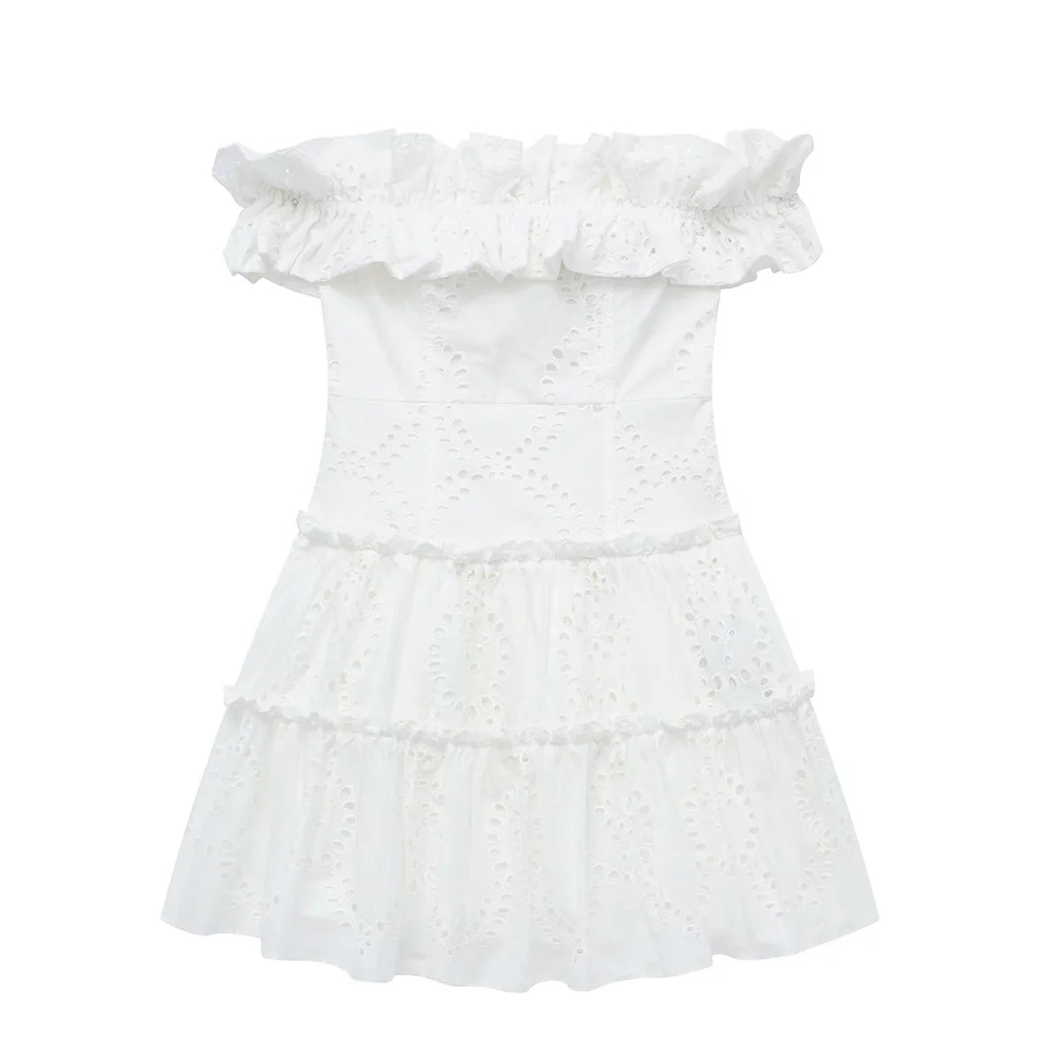 Beach Style Vacation Summer Dress Women Clothes  Sweet White Cutwork Embroidery Dress Ruffle Trim Off Shoulder Short Dresses