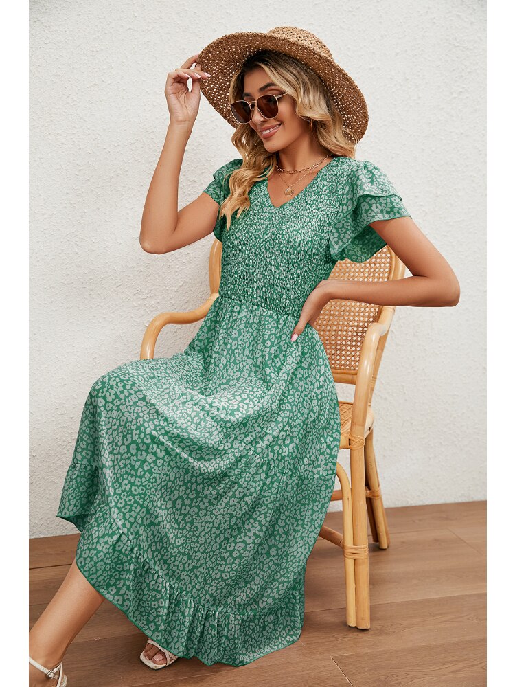 2023 Summer V-Neck Pleated Printed Chiffon Patchwork Waist-Tied Dress for Women